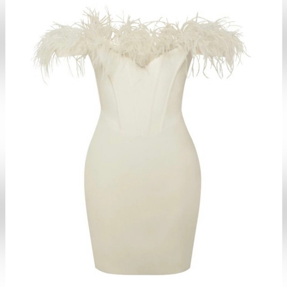 Ivory Off Shoulder Feather Trim Corset Mini Dress - NWT - Picture 2 of 5